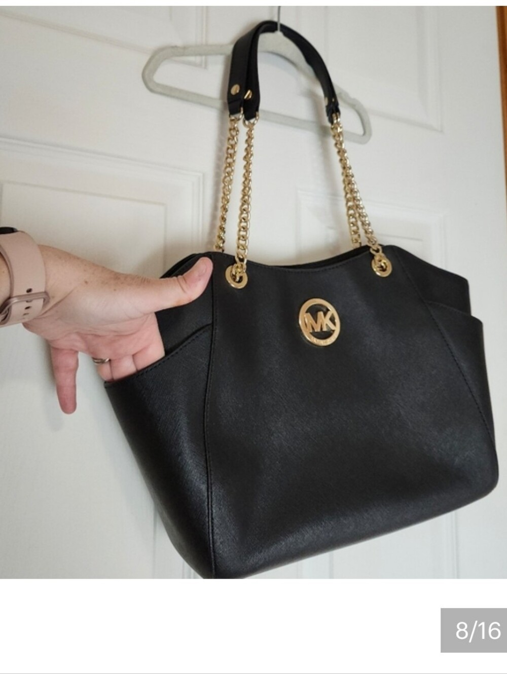 Michael Kors Jet Set Saffiano leather Shoulder Tote Bag Black golden chain Lg - Picture 8 of 16